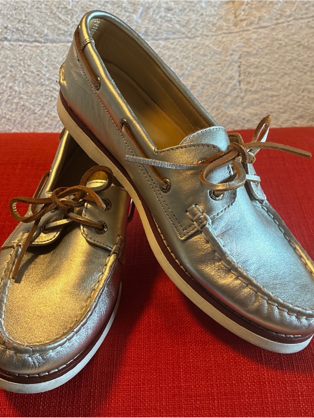 Sperry Metallic Silver Leather Men’s Boat Shoes with Brown Laces